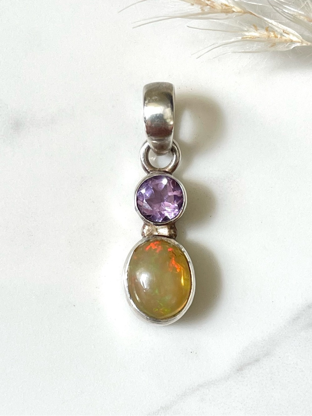 925 Sterling Silver Ethiopian Opal and Amethyst Pendant - Purple & Multicolor
